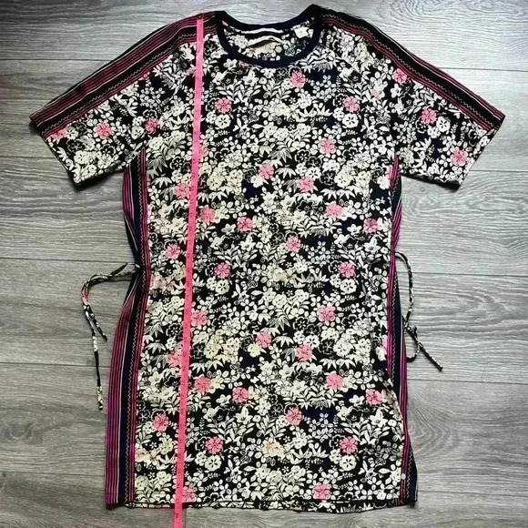 Scotch & Soda Floral Navy Cream Pink Short Sleeveeve Drawstring Dress Size 2 - Picture 7 of 8